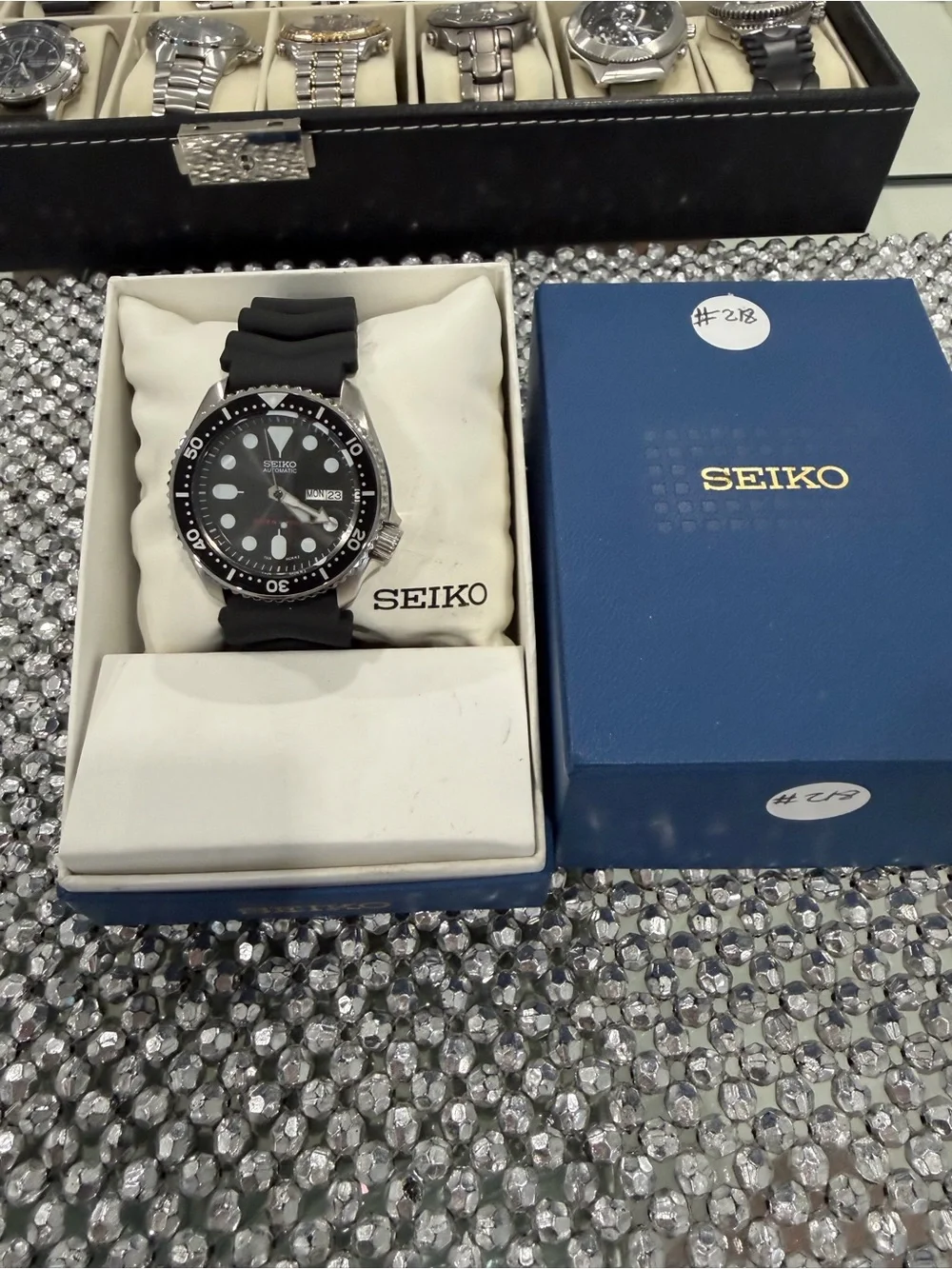 Seiko Black Dial Automatic Diver's Watch with Silver Accents